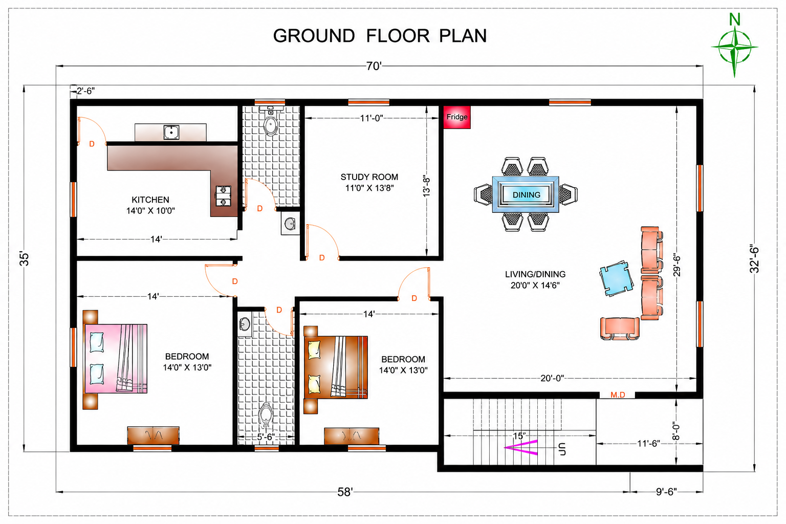2D house plan design with room layout and dimensions for residential construction in Chennai