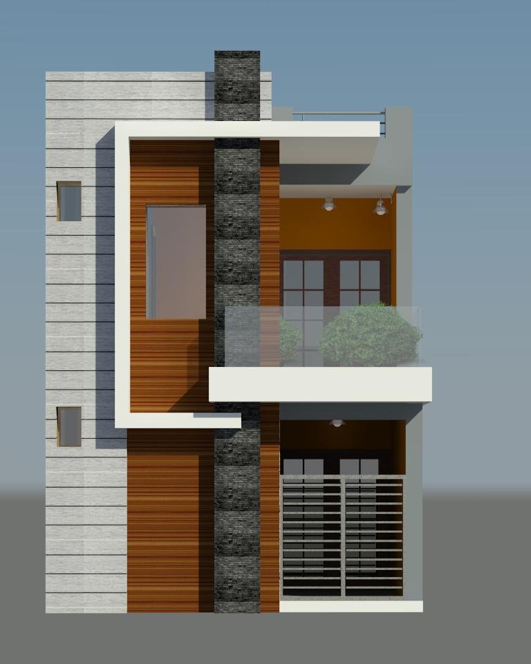 Modern narrow house 3D elevation design with balcony and wooden finish in Chennai
