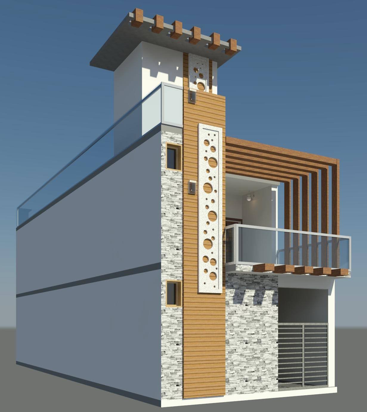 Stylish house front 3D elevation with stone cladding and wood finish in Chennai